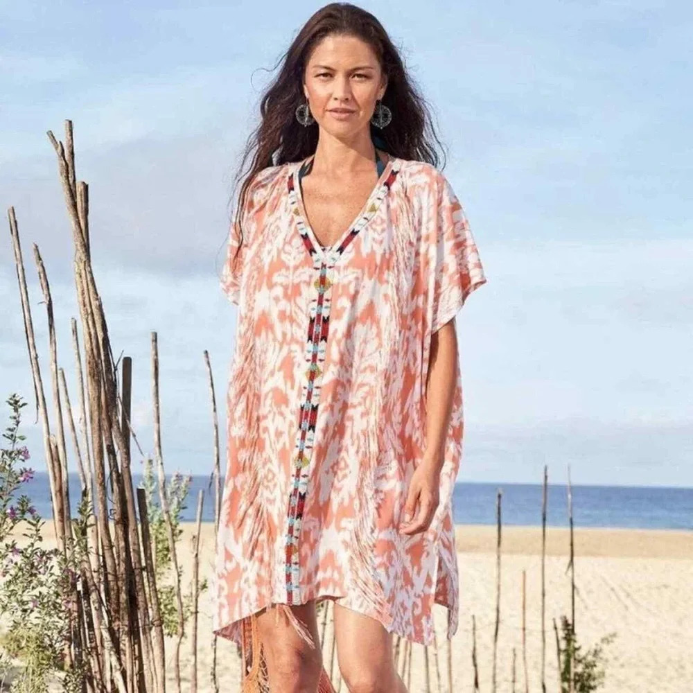 Sundance Beaded Issa Cover Up Top Tunic Dress Ikat Beaded Fringe